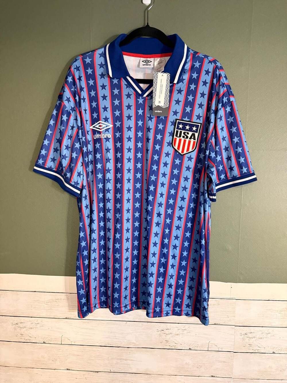 Umbro Team USA Soccer Jersey Mens Large Blue Red Stars Stripes Retro 1994 Style